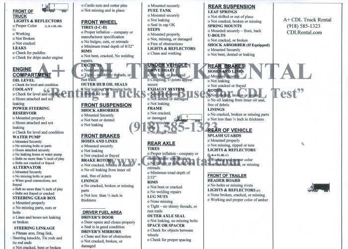 Cdl vehicle inspection memory aid