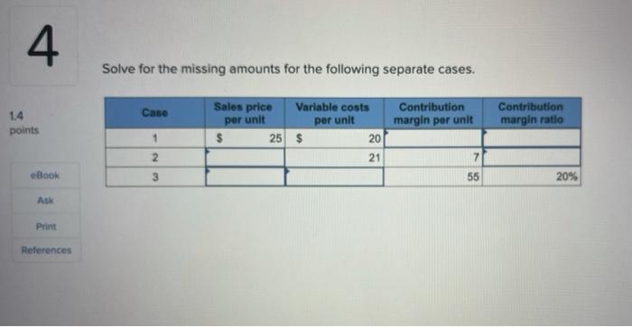 Solve for the missing amounts for the following separate cases.